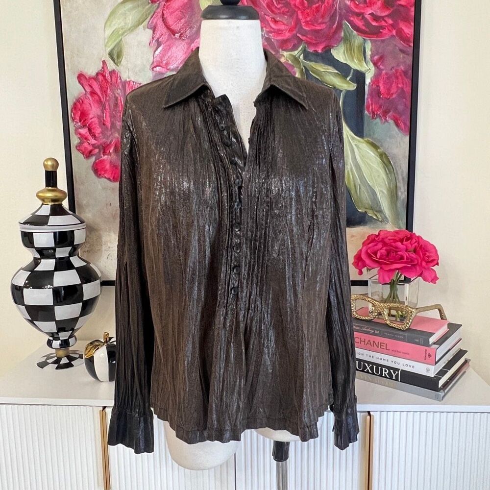 Alberto Makali Women's Crinkle Plisse Button Blouse Metallic Brown Size Large